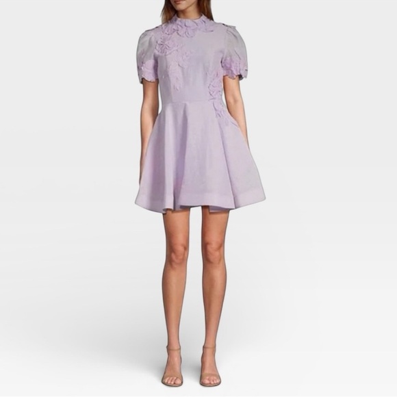 ANTONIO MELANI Dresses & Skirts - Antonio Melani Iris Linen Floral Appliqué Mockneck Mini Dress Lavender NWT $299